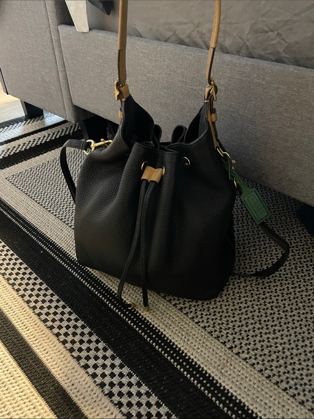Black Coach Leather Drawstring Bucket Bag with Tan Handles E1320-25306